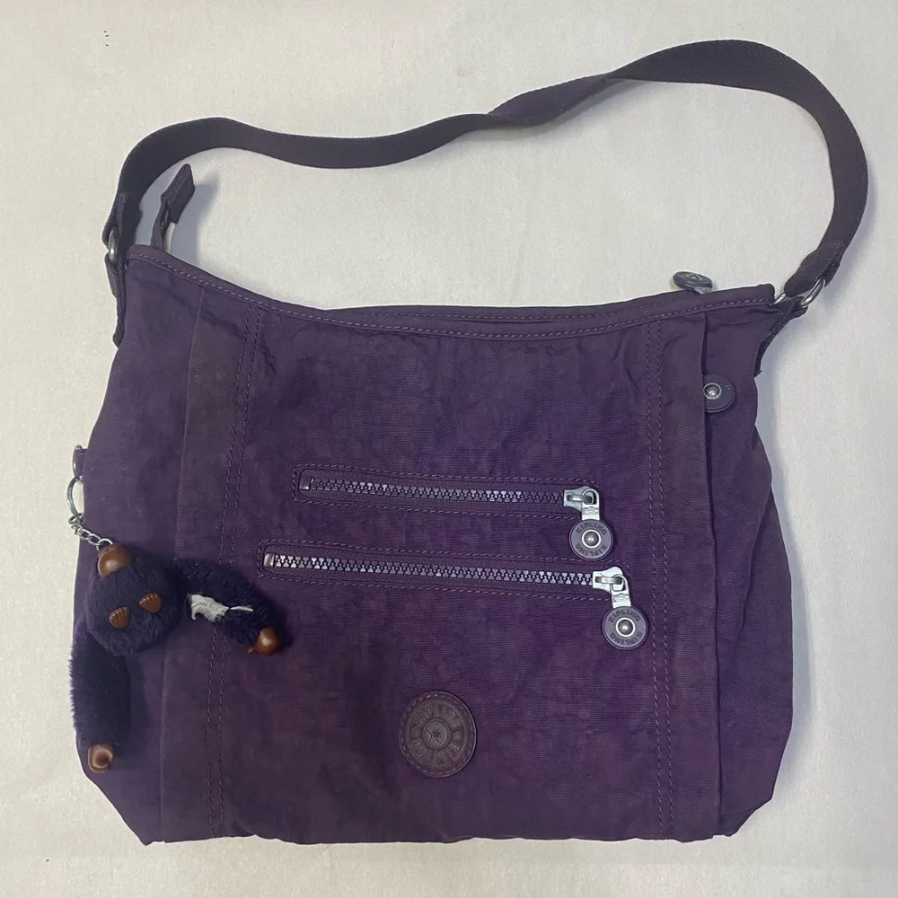 Kipling Belammie Hobo Crossbody Bag Purse Purple Gorilla Keychain